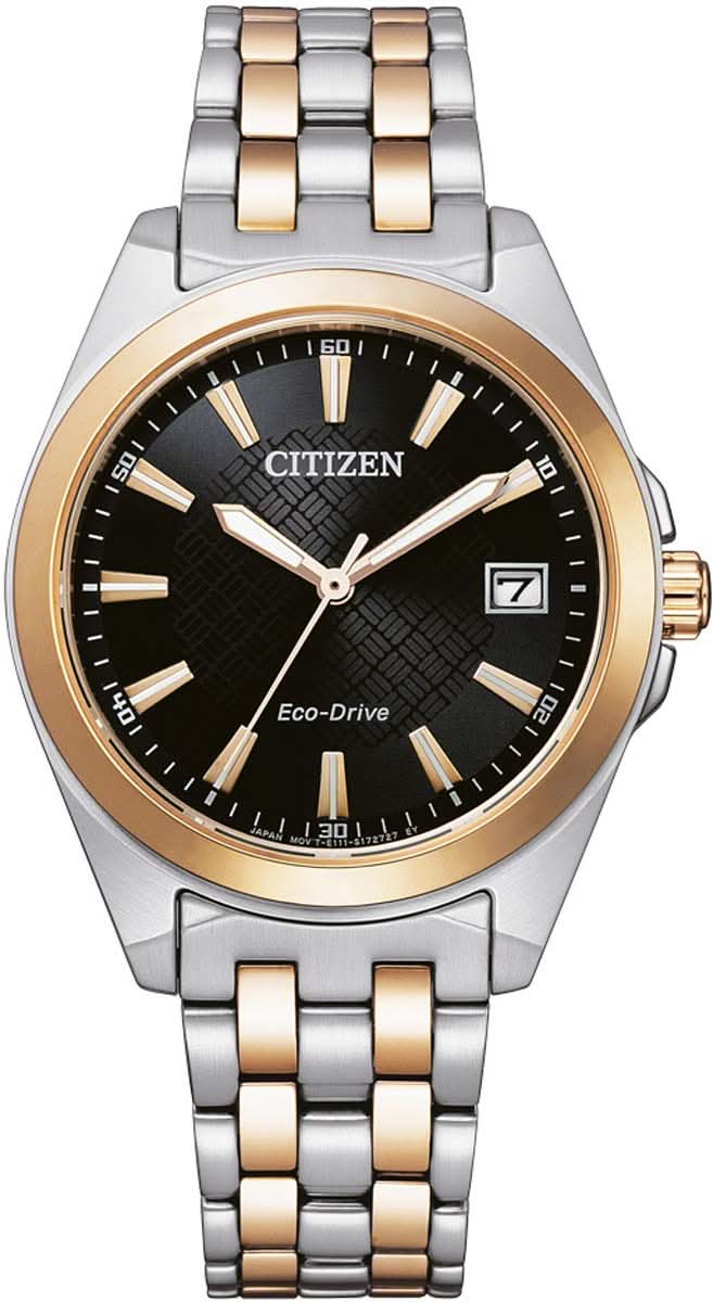 "Reloj de mujer con esfera negra, brazalete metálico bicolor y ventana de fecha."