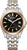 "Reloj de mujer con esfera negra, brazalete metálico bicolor y ventana de fecha."