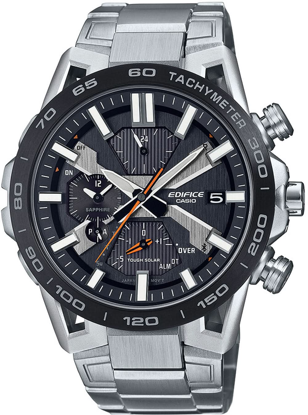 Reloj Edifice para hombre con correa de acero inoxidable plateada, esfera negra y detalles naranjas