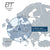 Mapa con símbolos de señal DCF77 para reloj de radio, vista general de Europa