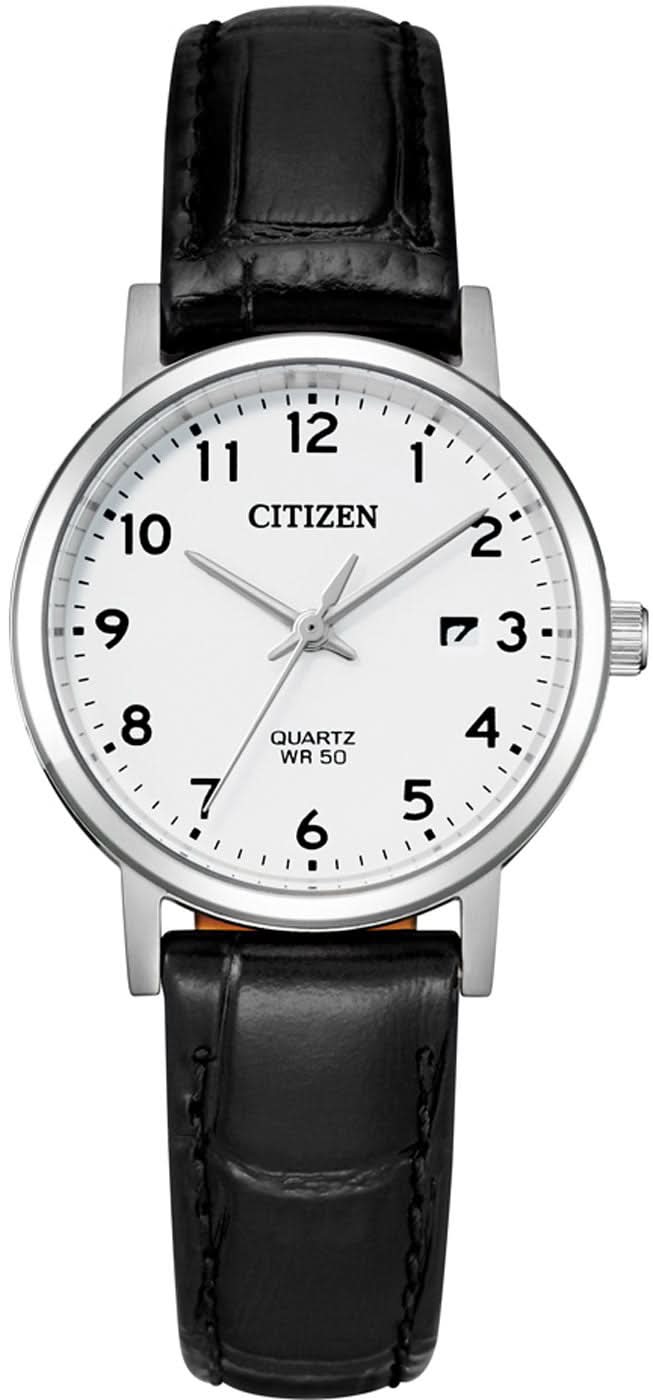 Reloj de pulsera Citizen para mujer con correa de cuero negra, esfera redonda plateada e índices