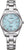 "Reloj de mujer con brazalete de metal plateado y esfera azul claro, ventana de fecha a las 7"