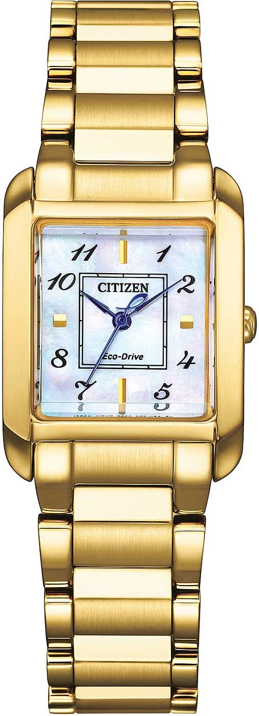 Reloj de mujer con pulsera de metal dorado y esfera de nácar, caja rectangular