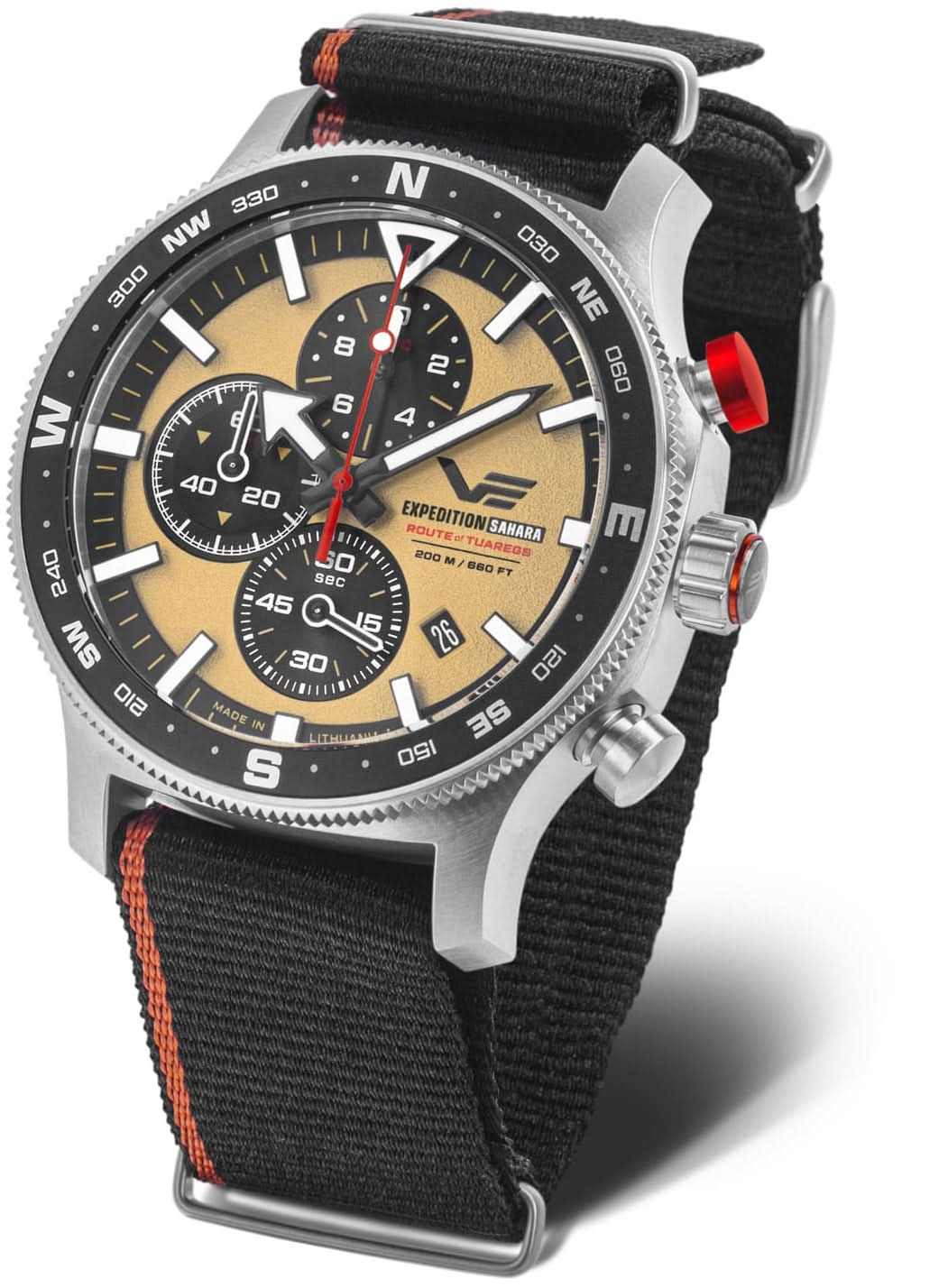 Reloj cronógrafo Vostok Europe para hombre con esfera negra, detalles dorados y correa de nailon