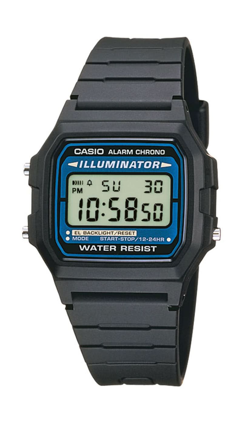 Casio Retro watch with black strap and blue digital display