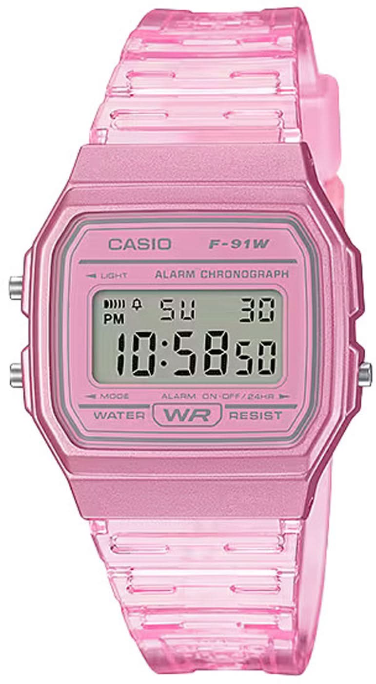 Reloj digital transparente rosa con caja rectangular y pantalla LED