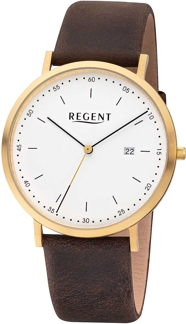 Pulsera Regent para hombre con correa de cuero marrón, caja de acero inoxidable en tono dorado, esfera blanca