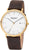 Pulsera Regent para hombre con correa de cuero marrón, caja de acero inoxidable en tono dorado, esfera blanca