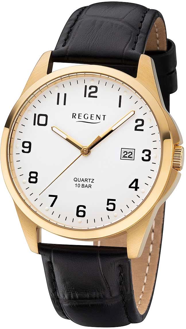 Pulsera de hombre con caja dorada, correa de cuero negra y esfera blanca, fecha