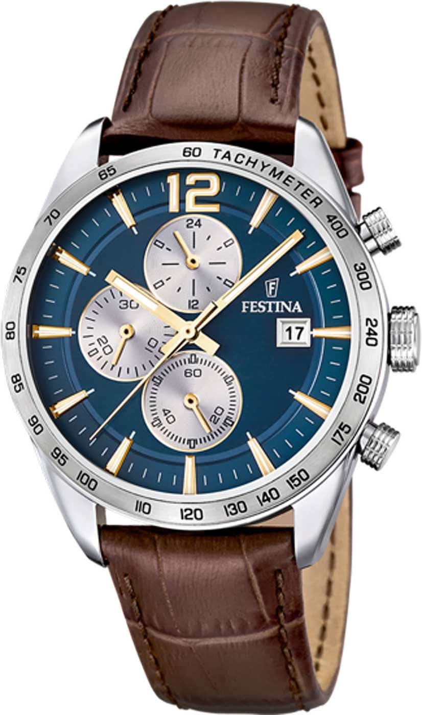 Reloj de hombre con esfera azul, cronógrafo y correa de cuero marrón