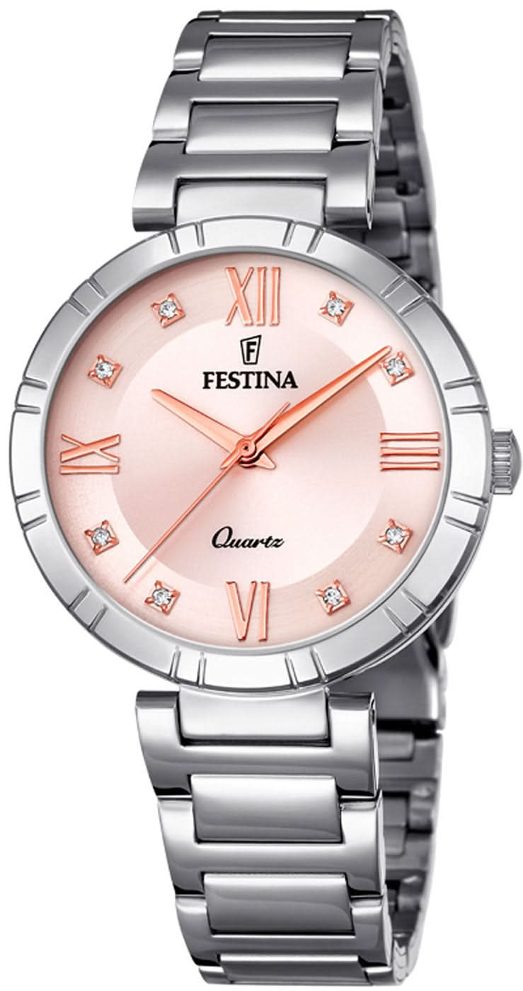 "Reloj de mujer con pulsera de acero inoxidable y esfera rosa, números romanos, marcadores de cristal"