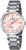 "Reloj de mujer con pulsera de acero inoxidable y esfera rosa, números romanos, marcadores de cristal"