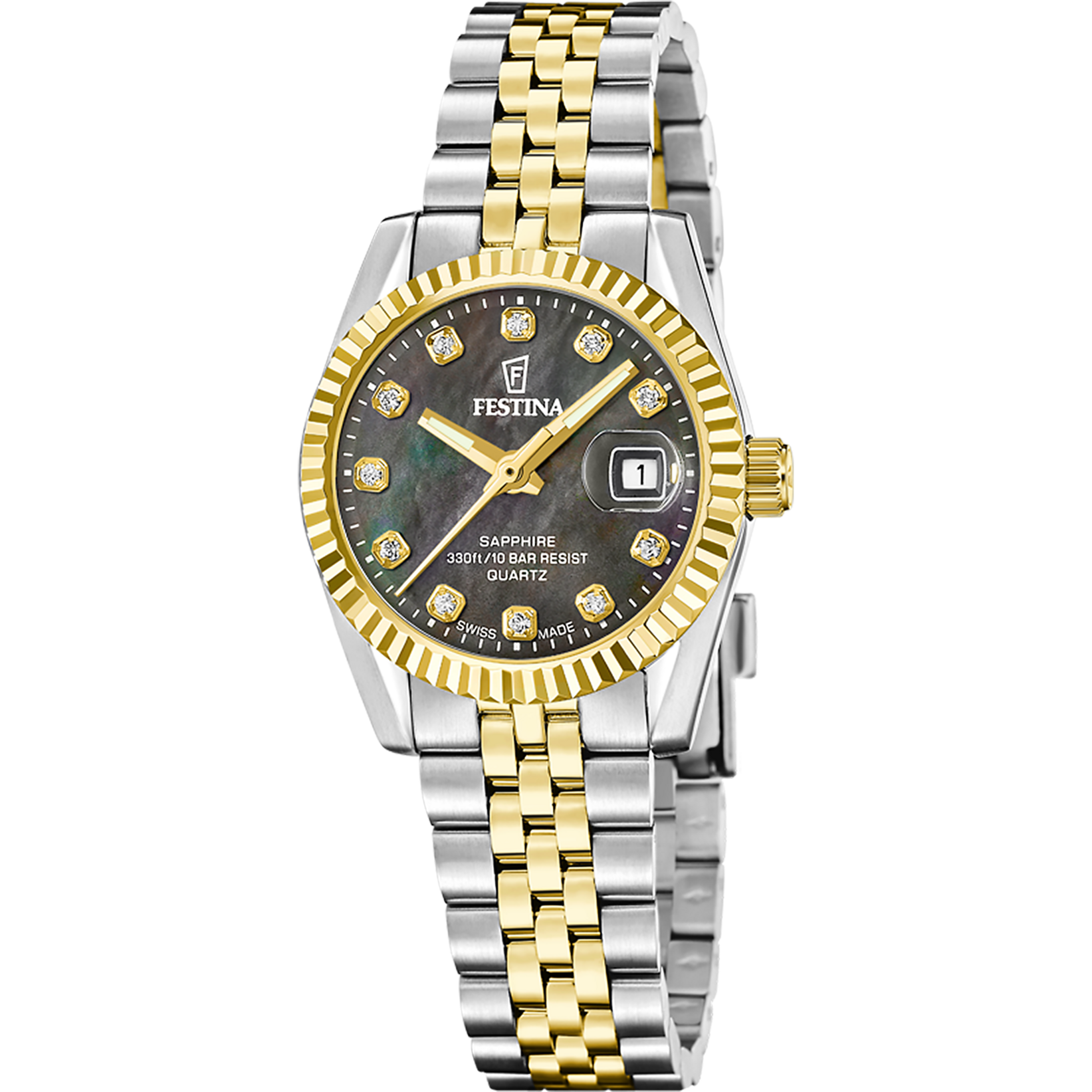 Festina Swiss Made Classic Steel F20088/5 Damenuhr Bicolor Schwarz • Saphirglas • 10 bar