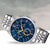 Cronógrafo para hombre con esfera azul, caja y brazalete de acero inoxidable, vista lateral