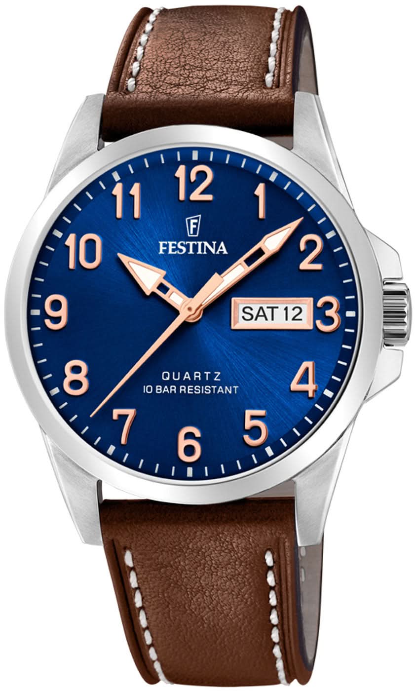 Reloj Festina para hombre con esfera azul, caja plateada y correa de piel marrón