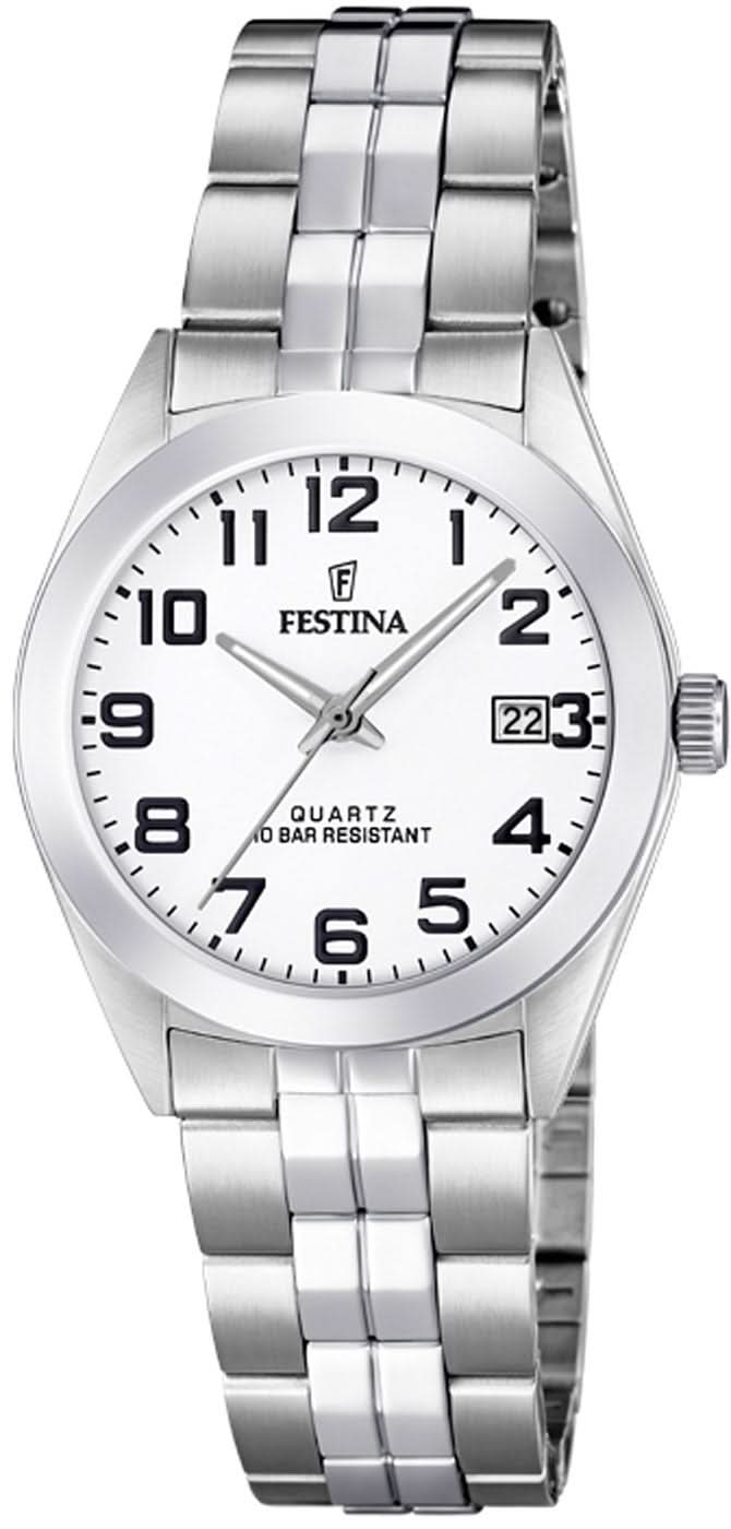 Festina Reloj de mujer con esfera blanca, escala de índices negra y brazalete de acero inoxidable