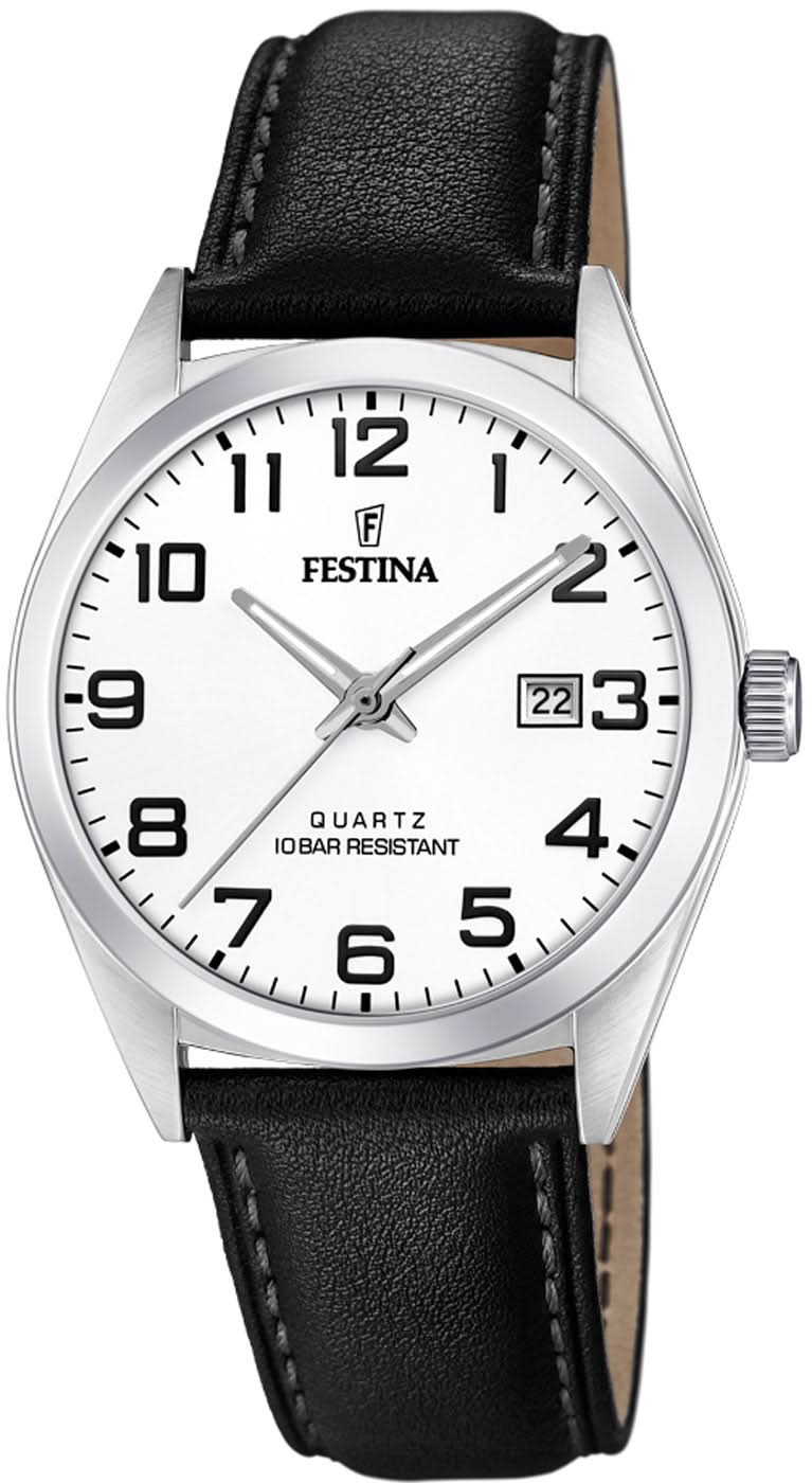 Reloj Festina para hombre: correa de cuero negra, caja plateada, esfera blanca, ventana de fecha