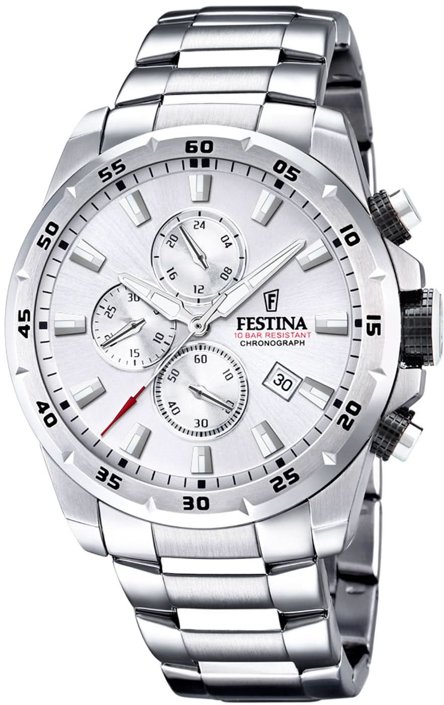 Reloj de hombre con correa de acero inoxidable plateado y esfera blanca, cronógrafo