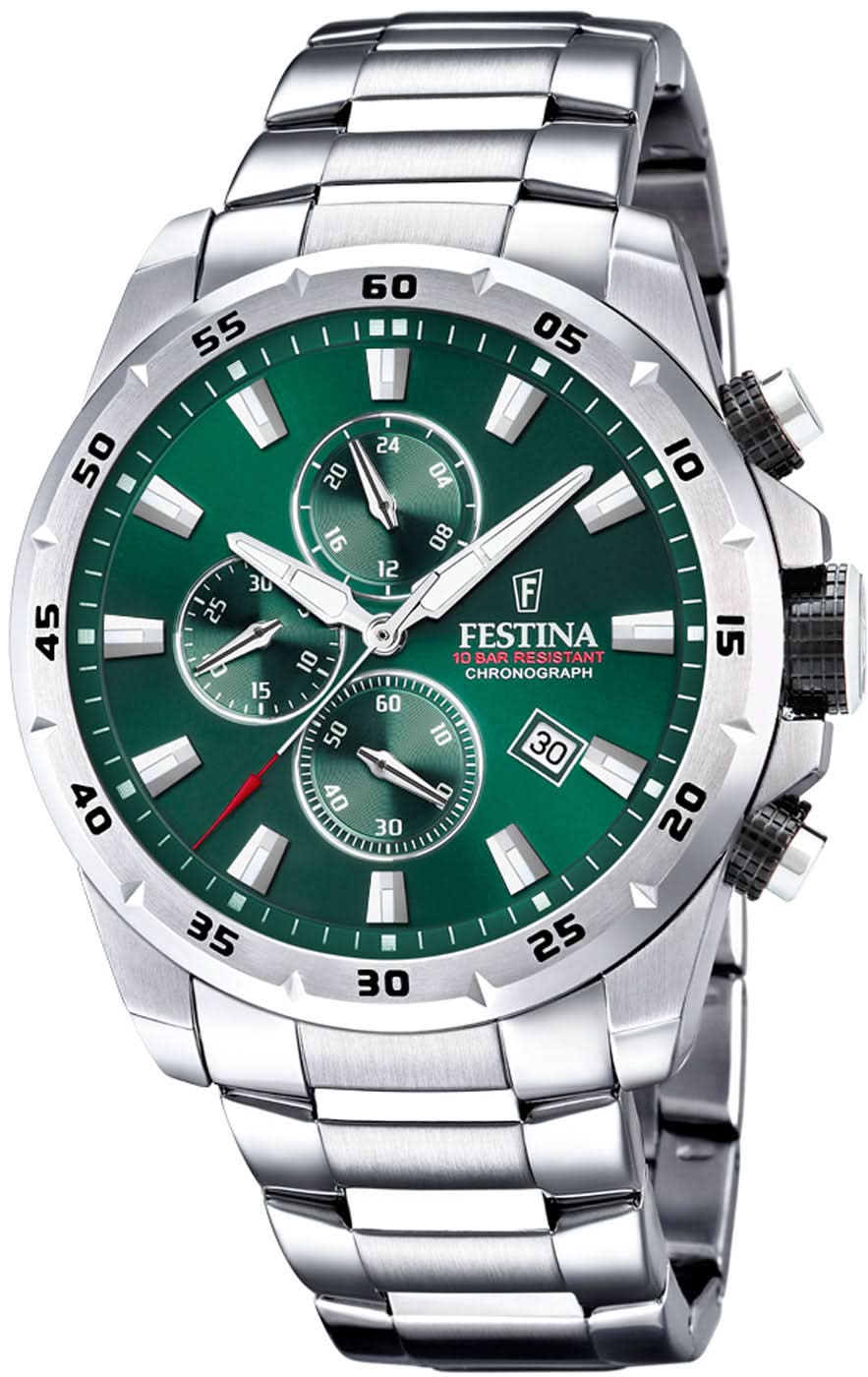 Reloj de hombre de acero inoxidable con esfera verde y subesferas de cronógrafo, brazalete de metal