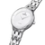 "Reloj de mujer con caja redonda de acero inoxidable, esfera blanca e índices de bastón; corona lateral"