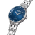 "Reloj de mujer con esfera azul, caja plateada y corona"