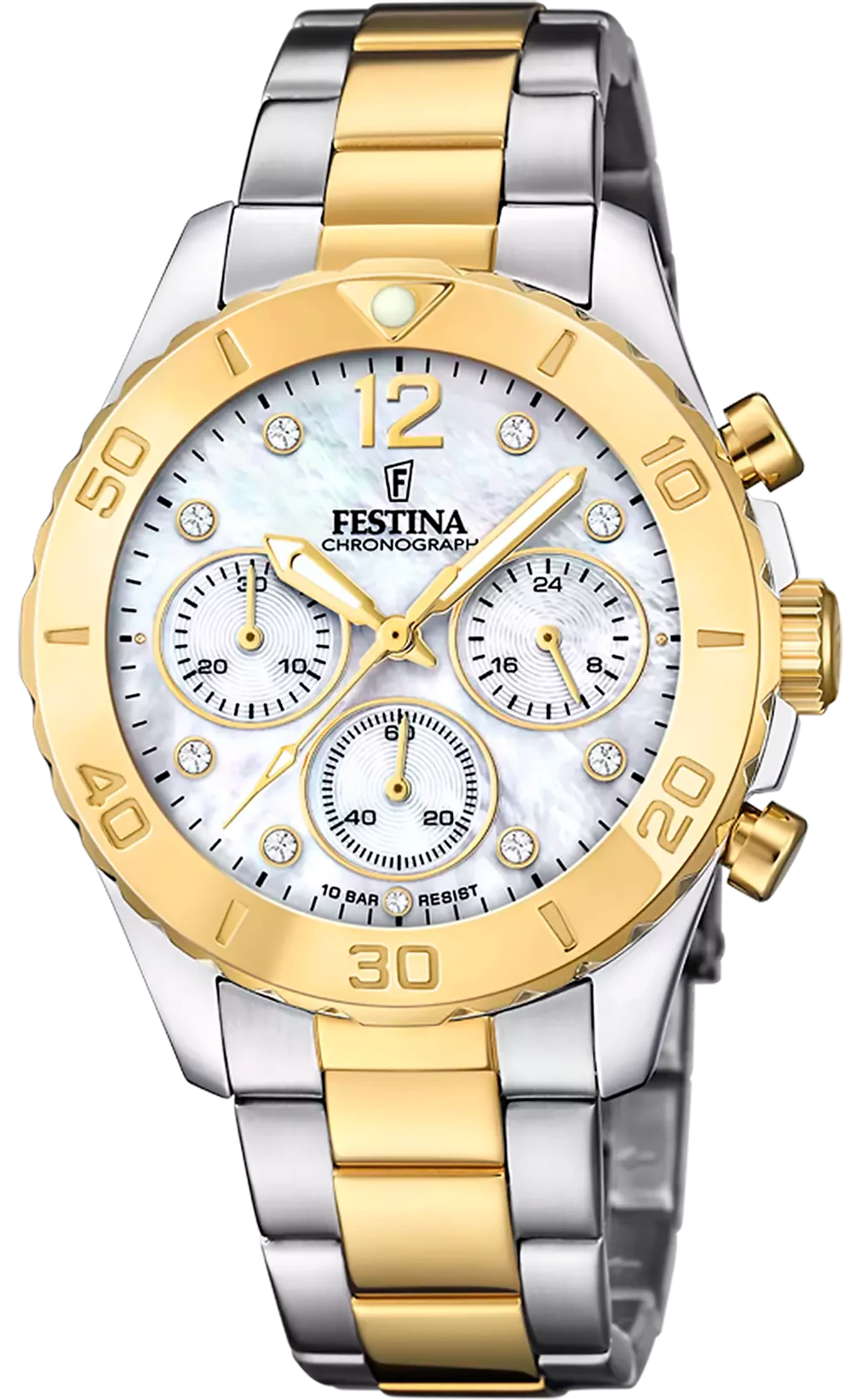 Reloj de mujer con esfera de nácar y subesferas de cronógrafo en tono dorado, correa de acero inoxidable