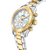 "Reloj de mujer con bisel dorado, esfera blanca e indicadores de cronógrafo, brazalete de acero inoxidable"