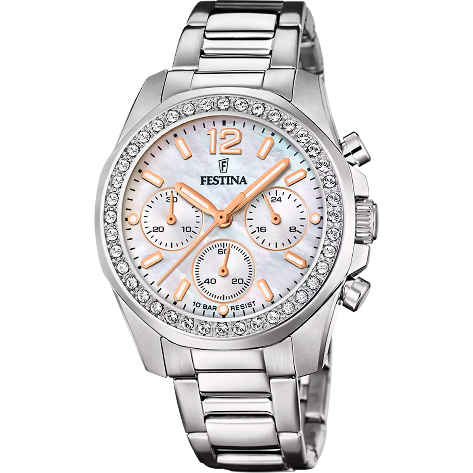 Reloj Festina para mujer con esfera de cronógrafo, bisel de cristal y brazalete de acero inoxidable