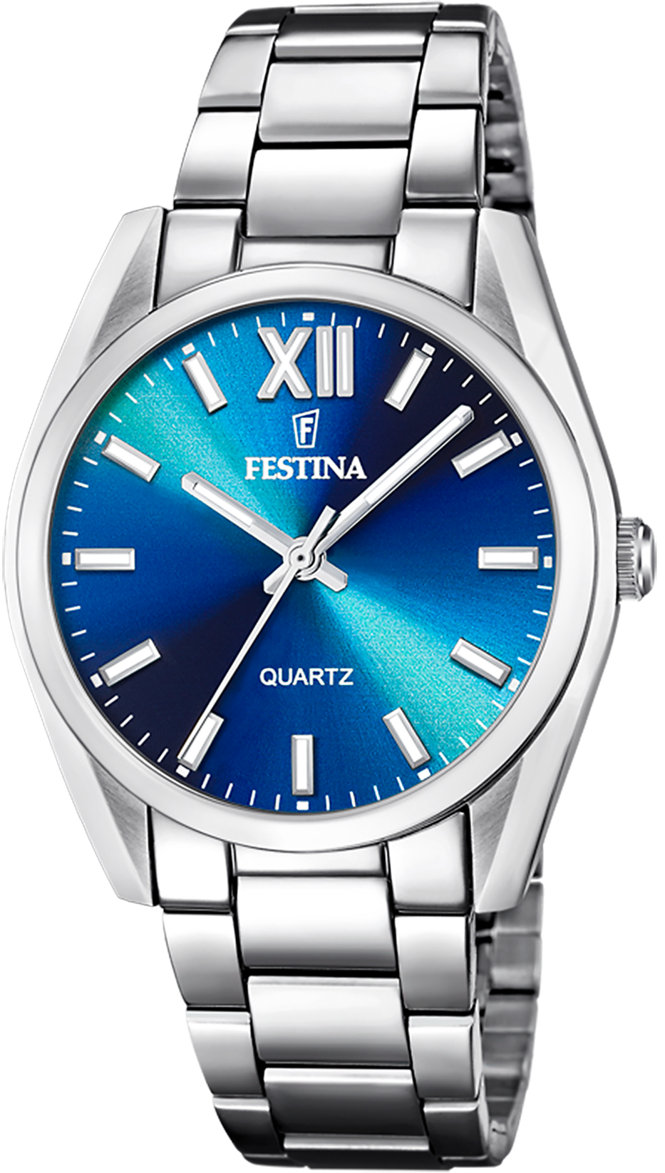 Reloj de mujer con esfera azul, números romanos, brazalete y cierre de acero inoxidable