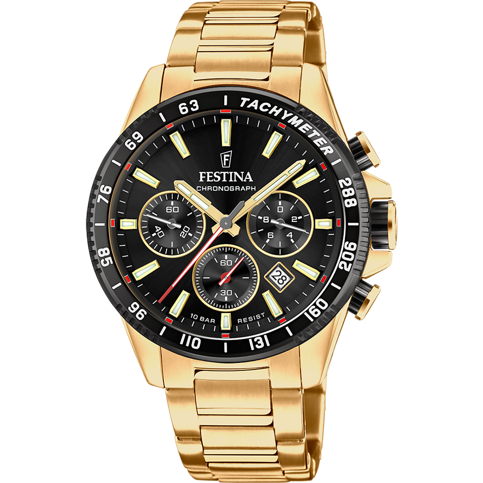 Cronógrafo Festina para hombre con esfera negra, taquímetro, correa de acero inoxidable en tono dorado