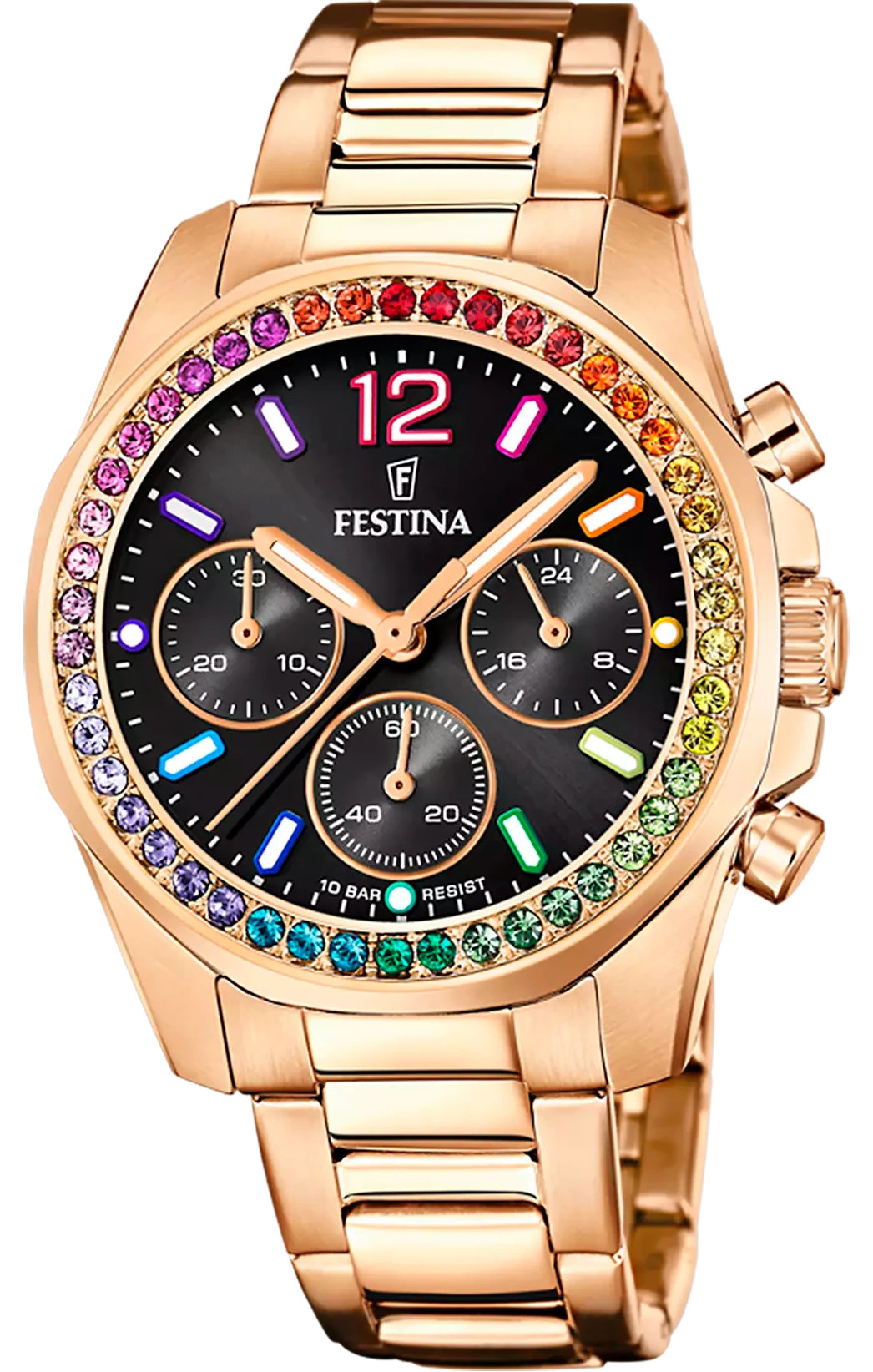 "Reloj de mujer con pulsera de acero inoxidable en oro rosa y esfera negra con diseño de arcoíris"