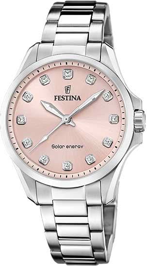 "Reloj de mujer con esfera rosa y correa de acero inoxidable plateado, energía solar, Festina"