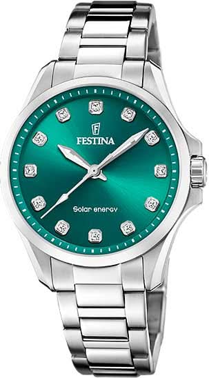 Festina - Reloj de mujer con indicador solar, esfera verde y pulsera de acero inoxidable