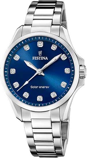 Festina - Reloj de mujer de acero inoxidable con caja redonda y esfera azul, índices y manecillas.