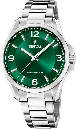 Reloj Festina para hombre con energía solar, esfera verde y correa de metal, 3 agujas