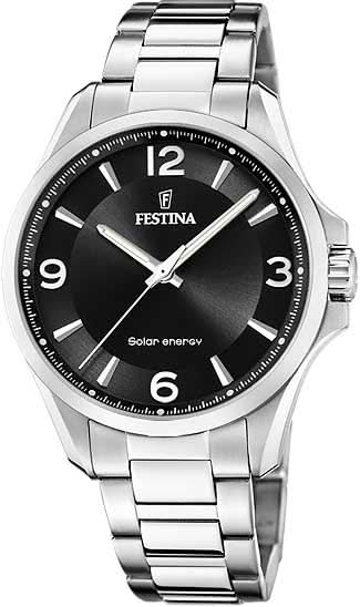 Reloj de acero inoxidable para hombre con esfera negra, correa de metal, 3 agujas y energía solar