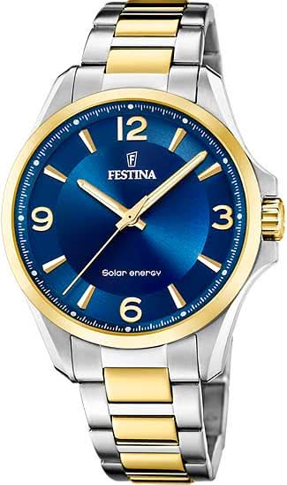 Reloj Festina para hombre con energía solar, esfera azul y correa metálica bicolor (acero/oro)