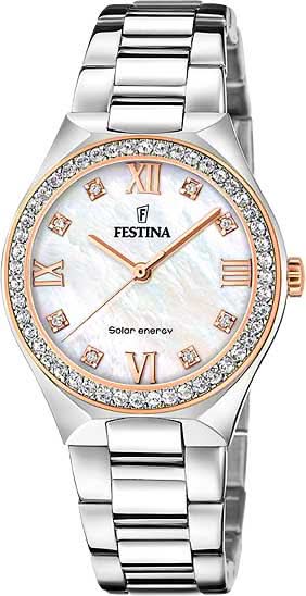 Reloj de mujer Festina de acero inoxidable con esfera de nácar, números romanos y bisel de piedras