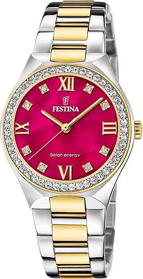 "Reloj bicolor para mujer: esfera burdeos, números romanos, bisel dorado"