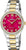 "Reloj bicolor para mujer: esfera burdeos, números romanos, bisel dorado"