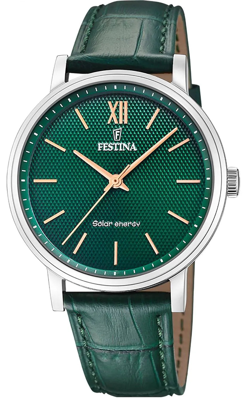 Festina herrklocka med grönt läderarmband och grön urtavla, romerska siffror