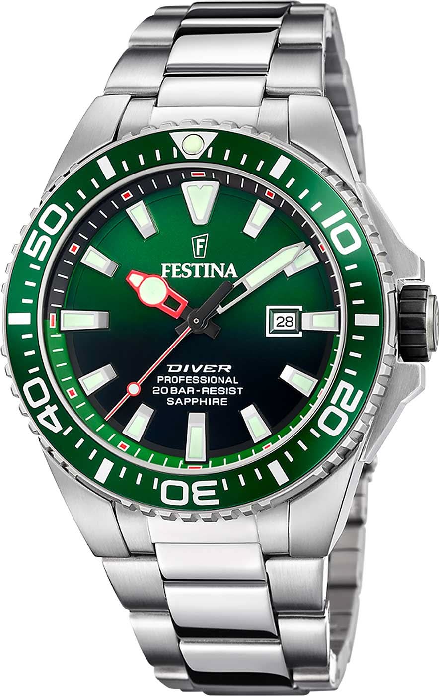 Reloj Festina para hombre con esfera verde, correa de acero inoxidable y bisel giratorio, fecha