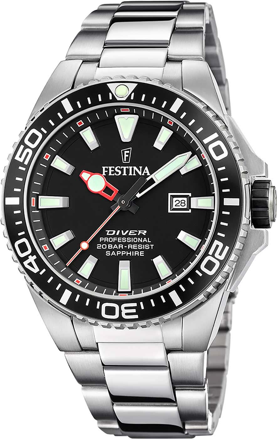 Reloj Festina Diver Professional para hombre con esfera negra, visualización de fecha y correa de acero