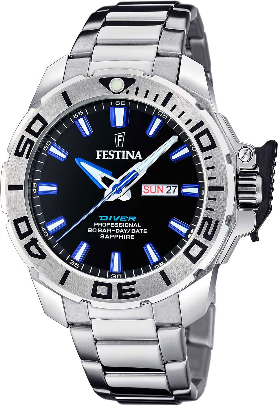 Reloj Festina para hombre con esfera azul, caja y correa de acero inoxidable, bisel de buceo