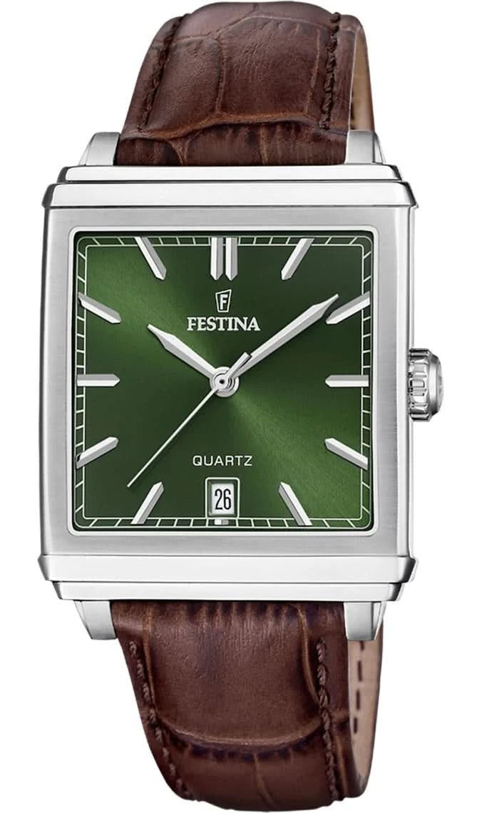 Reloj de pulsera para hombre Festina: caja rectangular plateada, esfera verde, correa de cuero marrón