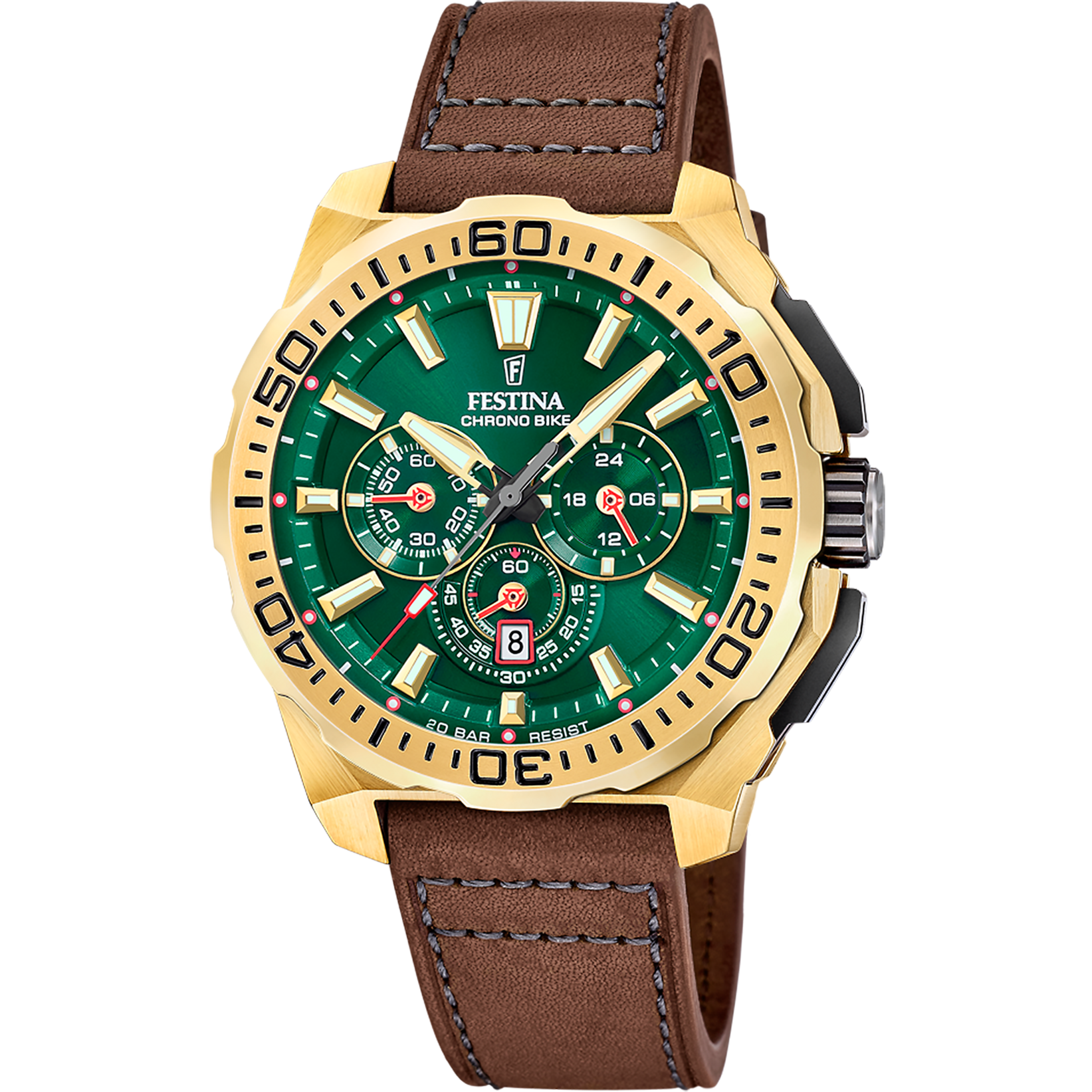 Festina Chrono Bike F20728/2 Herrenuhr • Quarz-Chronograph • Grünes Lederarmband