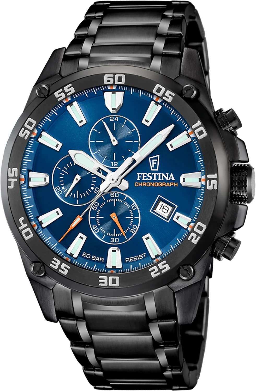 Reloj de hombre con esfera azul de cronógrafo, caja negra y correa de metal