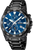 Reloj de hombre con esfera azul de cronógrafo, caja negra y correa de metal