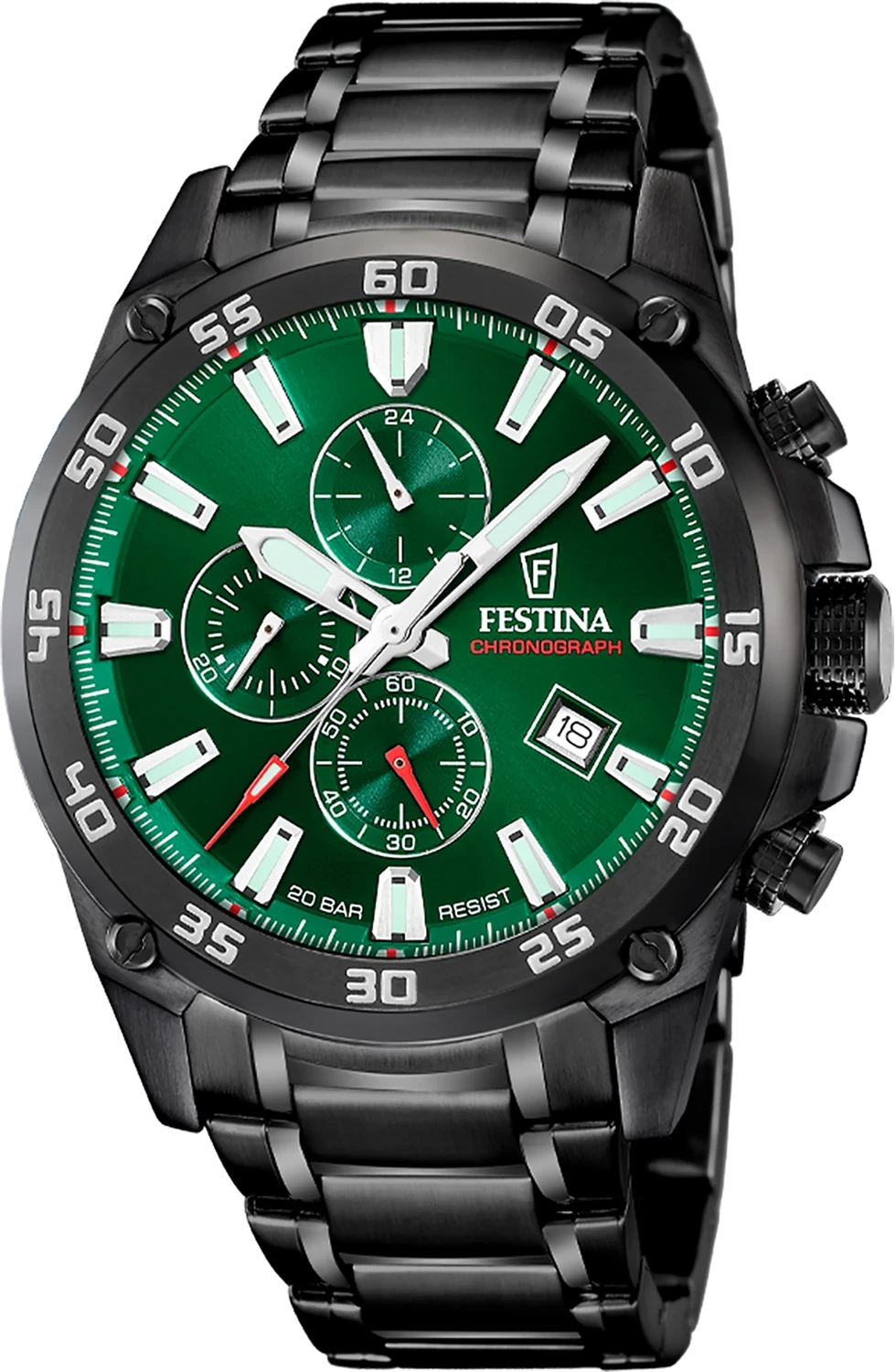 Reloj cronógrafo para hombre con correa negra y esfera verde, subdiales de cronómetro.