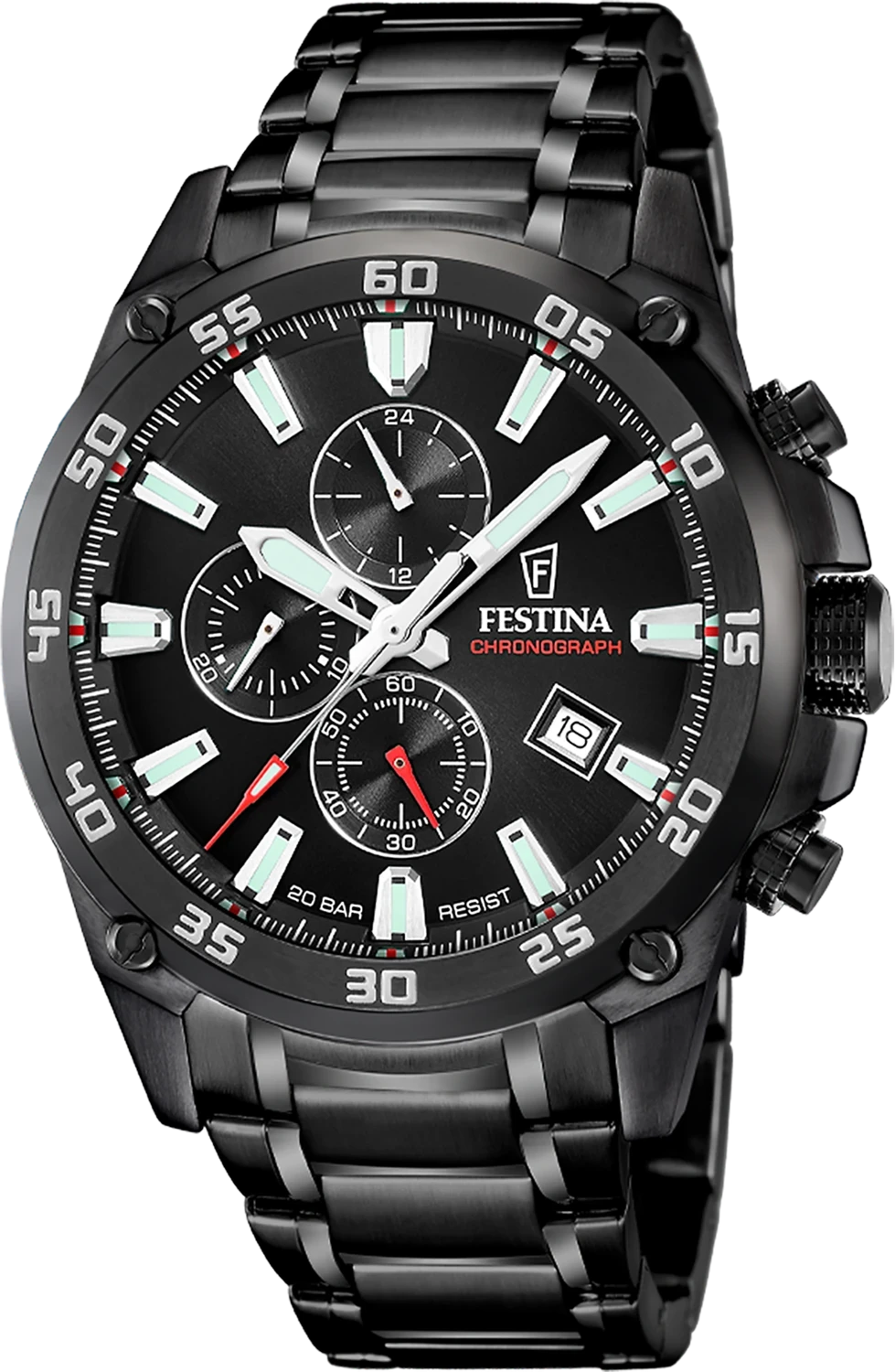 Reloj de hombre cronógrafo con esfera negra y correa de acero inoxidable negra